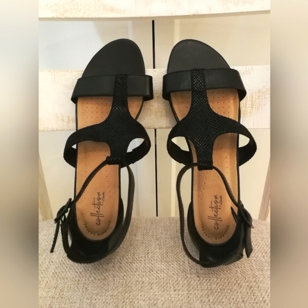 🆕 Clarks women's size 12 Black Leather, comfort Abigail sandals platforms wedge